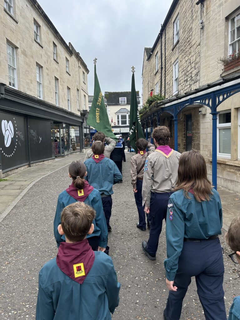 Scouts from Stroud Valley Scout Group taking part in a Remembrance Sunday service alongside local cadets