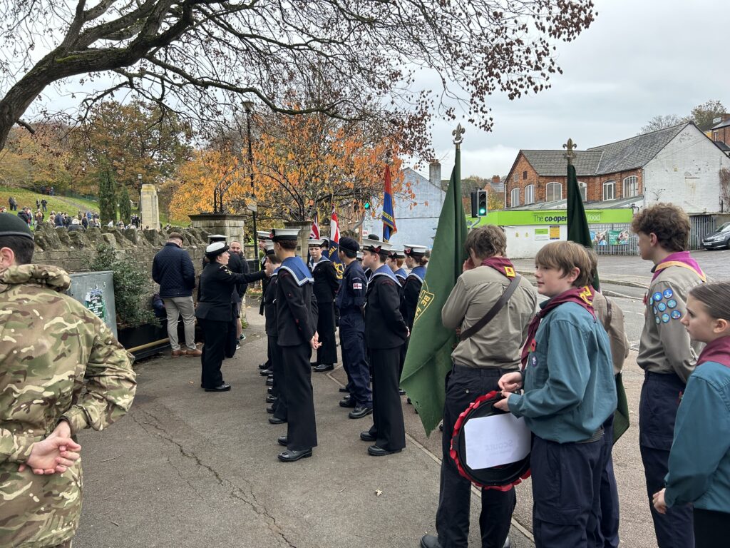 Scouts from Stroud Valley Scout Group taking part in a Remembrance Sunday service alongside local cadets